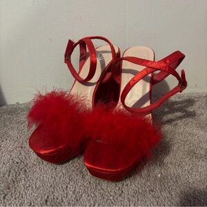 Windsor Red Feather Trim Platform Heels